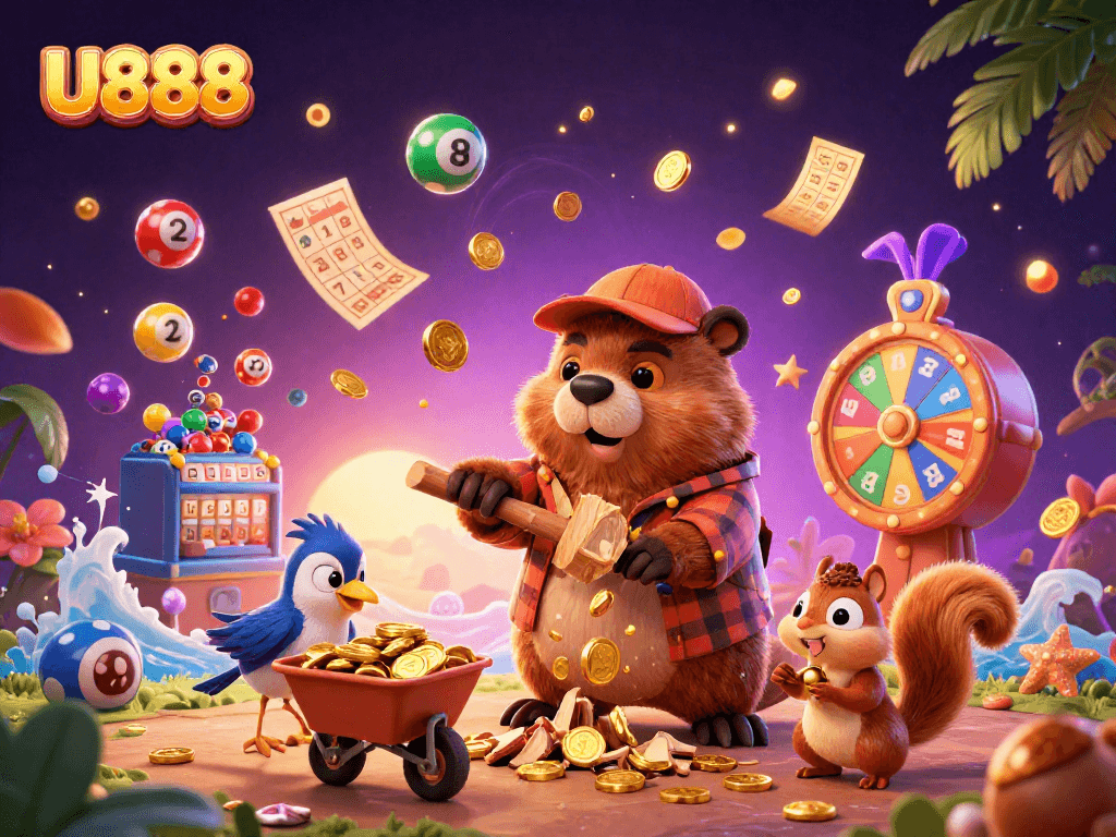 U888 becomes a gold mine as the beaver chops down a tree raining fortune in coins and joy.
