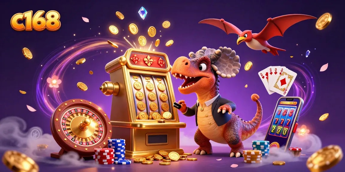 c168 features a pachycephalosaurus winning coins from a slot machine in a dynamic casino scene.