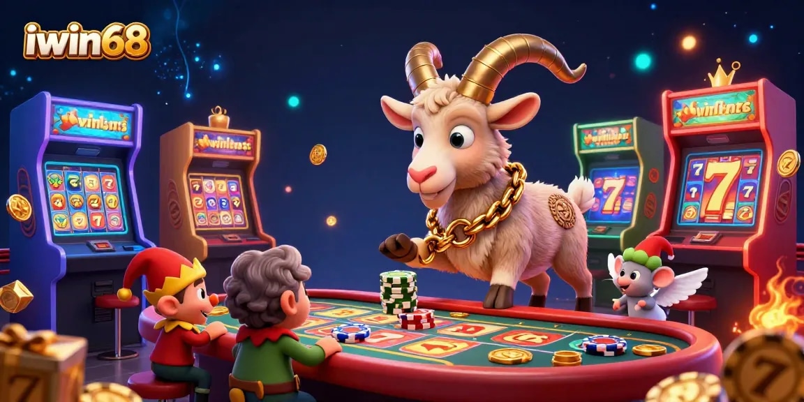 Experience thrilling gameplay and jackpots at iwin68 online casino in this vibrant, 3D festive scene.