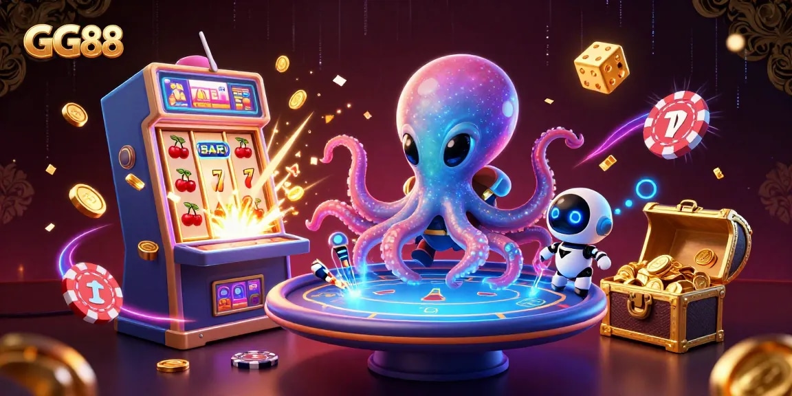 Experience thrilling gameplay at GG88 with an alien octopus and robot amidst a jackpot explosion.