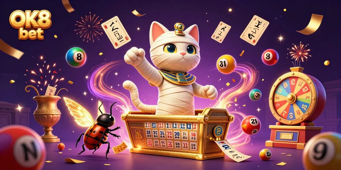 Engage in thrilling gambling with OK8 bet featuring an Egyptian mummy cat in a vibrant casino.