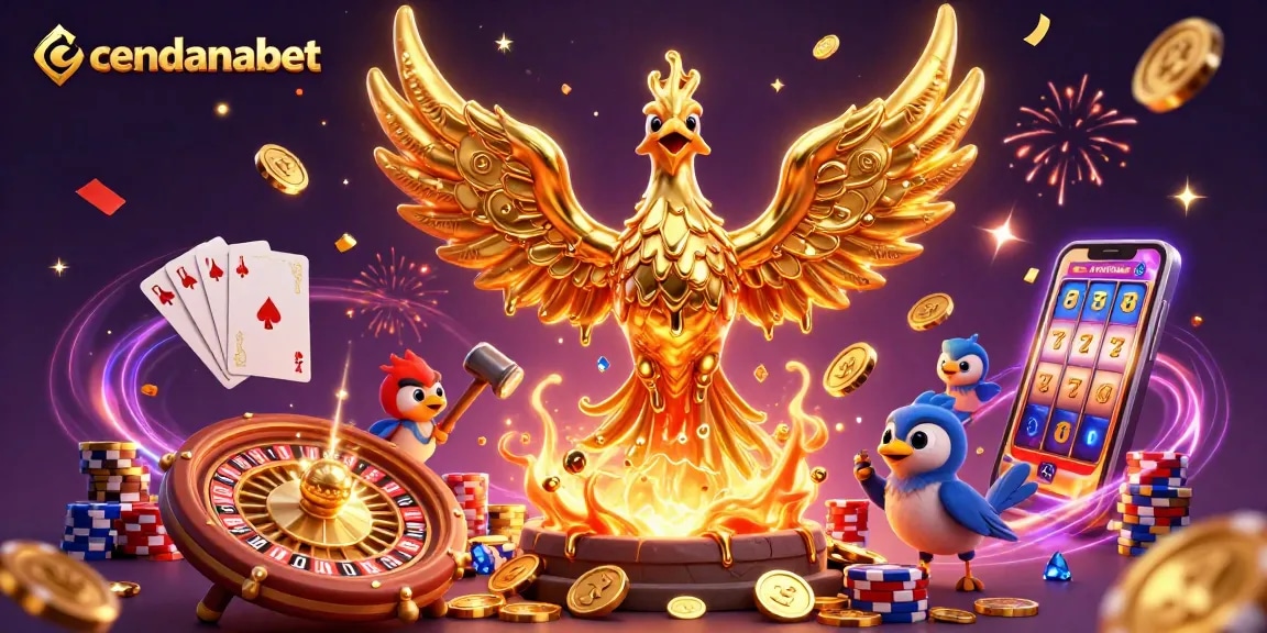 Cendanabet offers an engaging 3D illustration of the golden phoenix and betting elements, showcasing vibrant casino action.