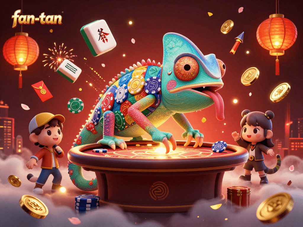 Engage with fan-tan excitement as a colorful chameleon casino owner captures golden coins at a lively gaming scene.