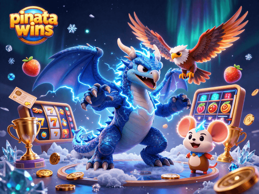 Feel the excitement of pinata wins as characters celebrate with slot reels and golden trophy cups.