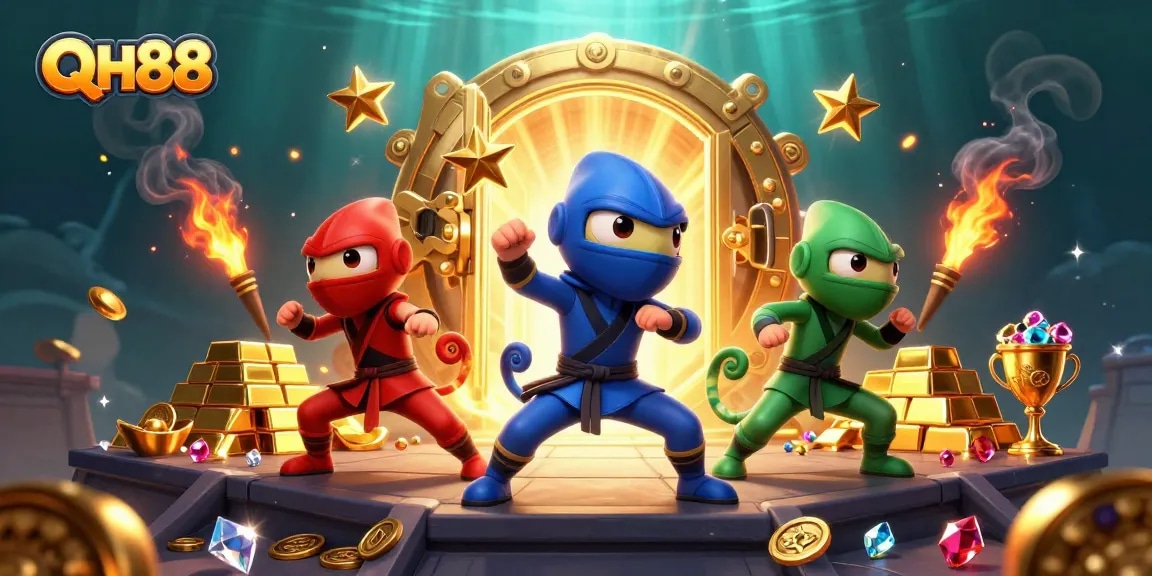 Experience thrilling wins at QH88 with ninja chameleons amidst a treasure-filled casino scene.