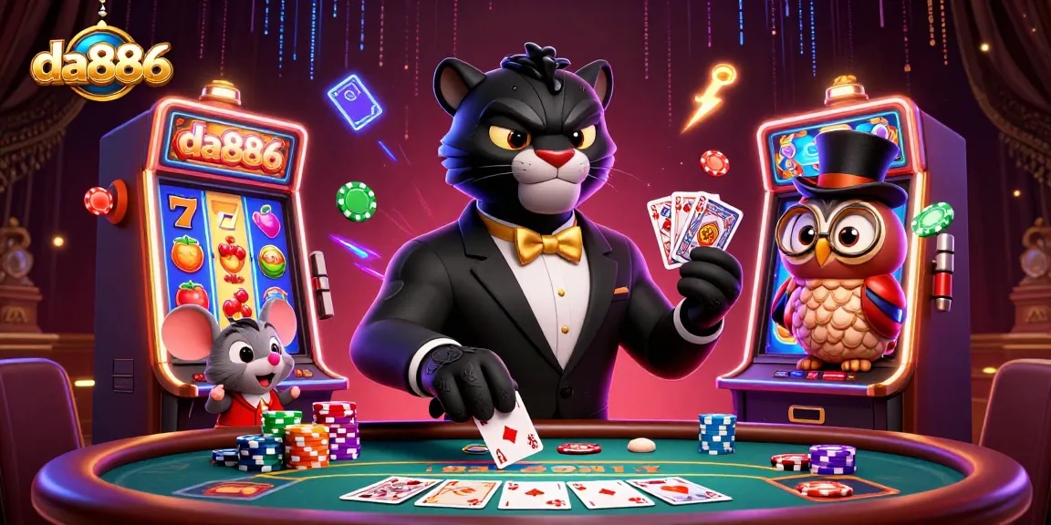 Experience the excitement of da886 with a playful black panther, wise owl, and lucky mouse at a vibrant casino scene.