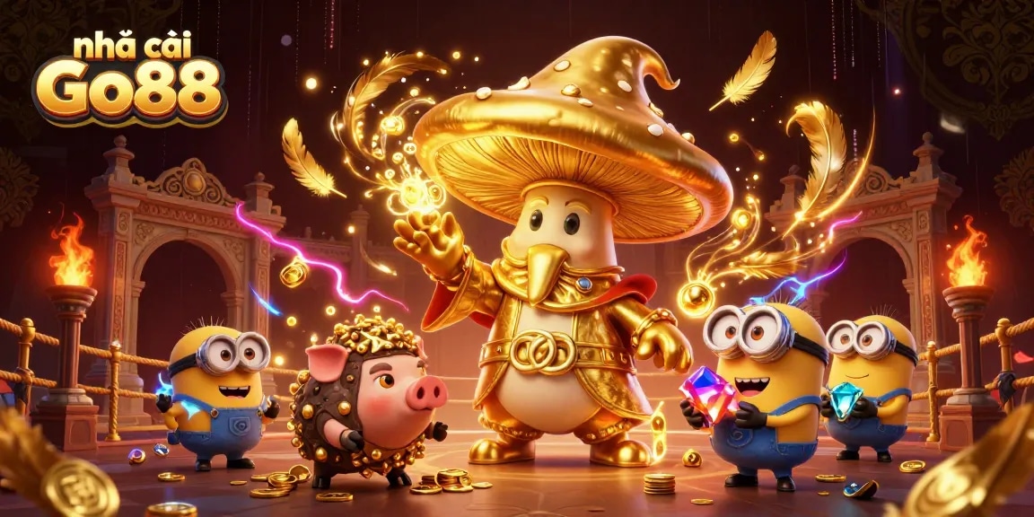 Experience the magic of nhà cái Go88 with a golden mushroom wizard and treasure in a vibrant digital illustration.
