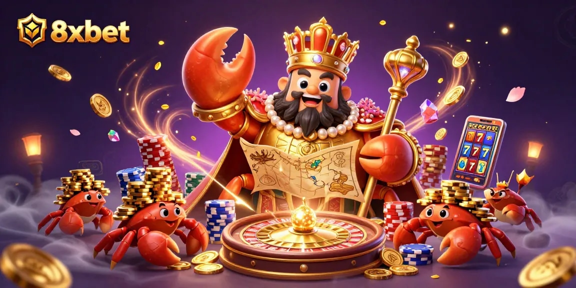 Experience the excitement of 8xbet with a golden crab emperor amidst cascading treasures and casino elements.