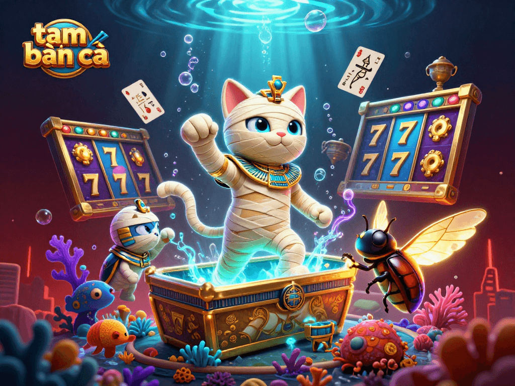 Tam tiên bắn cá showcases a lively scene featuring a mummy cat and gold elements, emphasizing immersive gameplay.