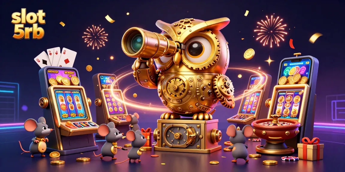 Engage with slot 5rb's vibrant casino scene featuring a golden owl and lively gameplay elements.