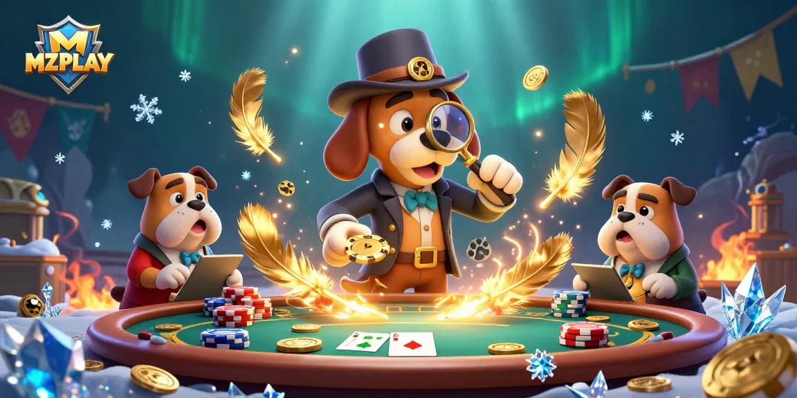 MZPLAY enhances your gaming experience with a dynamic poker scene featuring a detective cartoon.