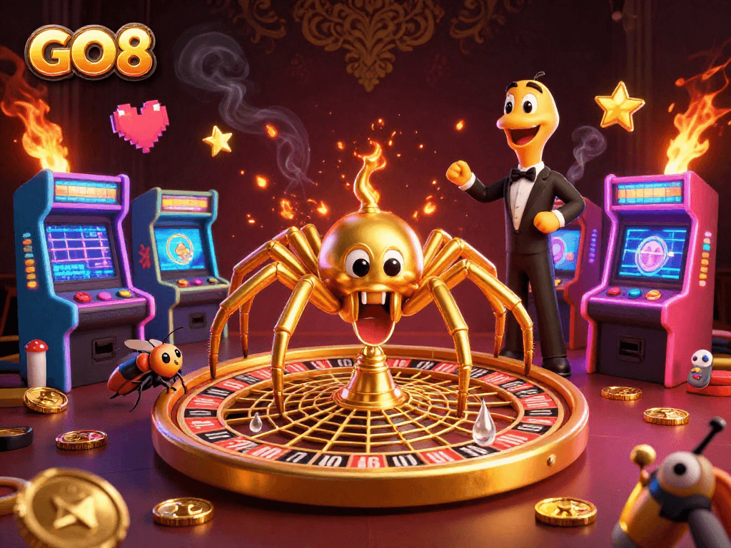 Experience GO8's exciting betting scene with a golden spider spinning a roulette web.