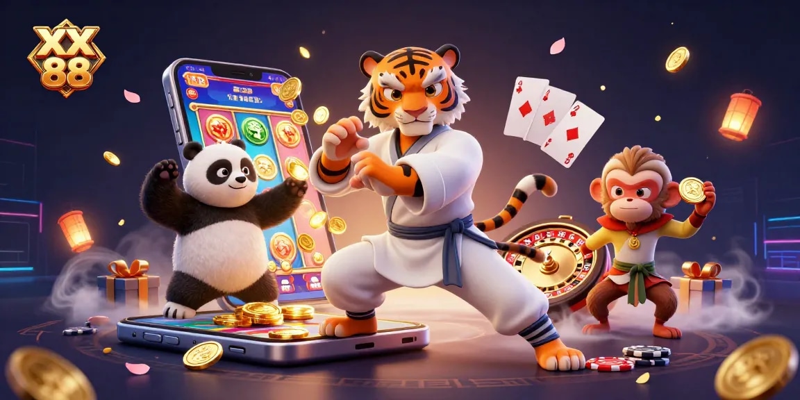 Experience thrilling gameplay at XX 88 with a fun-filled casino scene featuring dynamic characters and games.