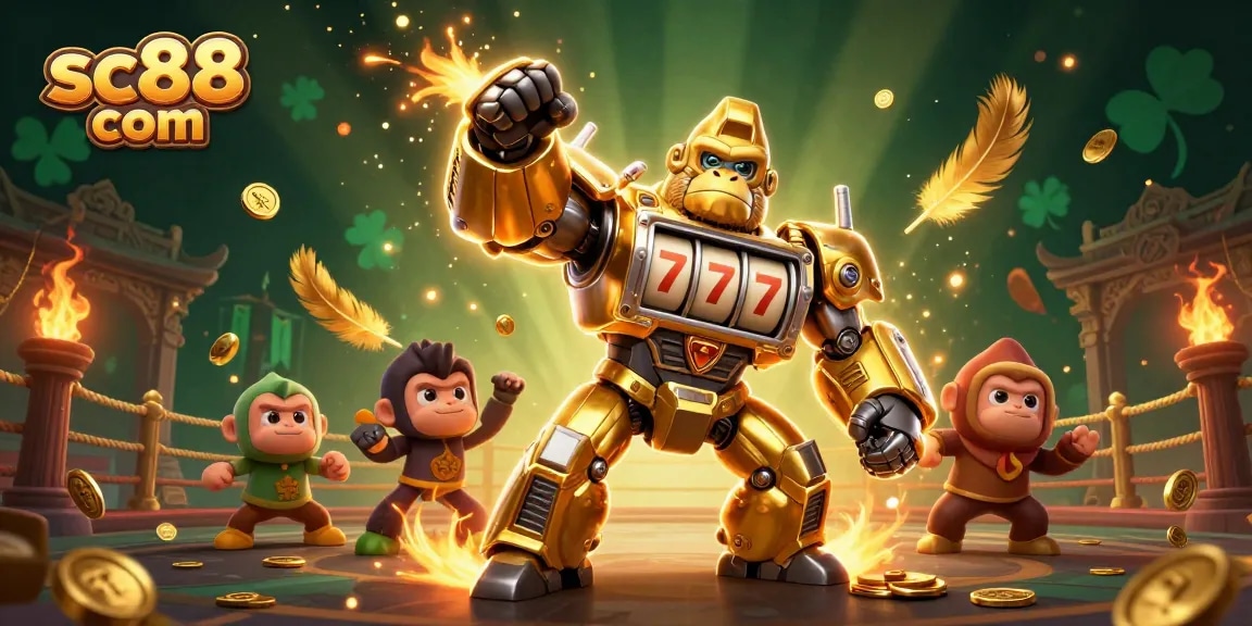 Experience thrilling gameplay at sc88 com with a dynamic illustration showing exciting casino elements and a golden gorilla mech.