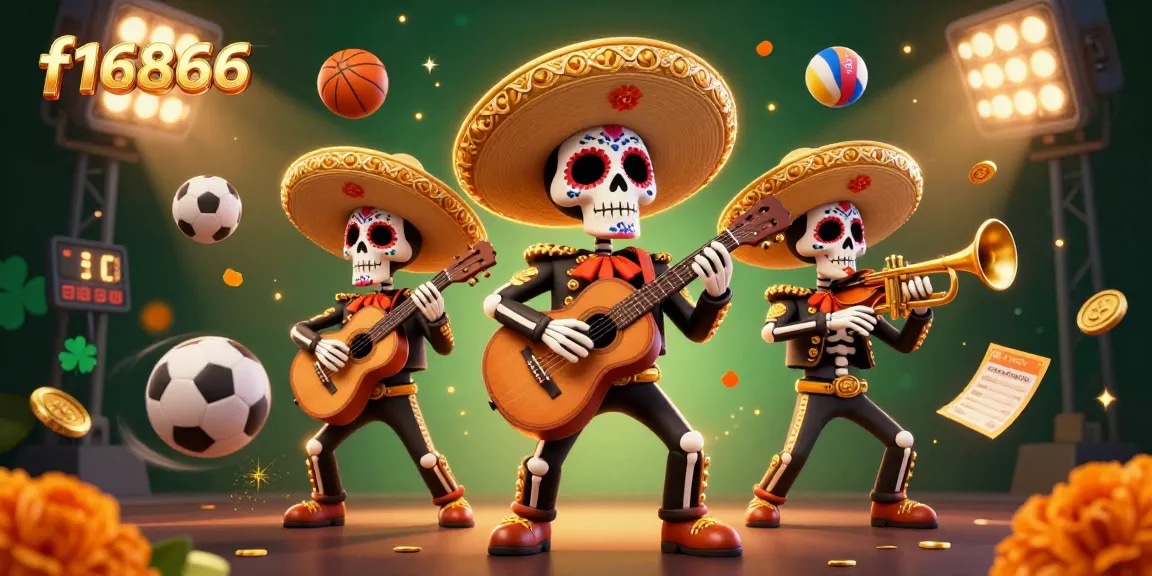Experience f16866's vibrant world with a lively mariachi band and dynamic sports elements.