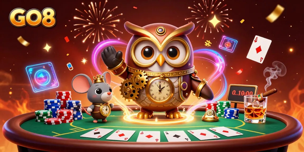 Engage with exciting games at GO8 casino, featuring vibrant poker elements and festive atmosphere.