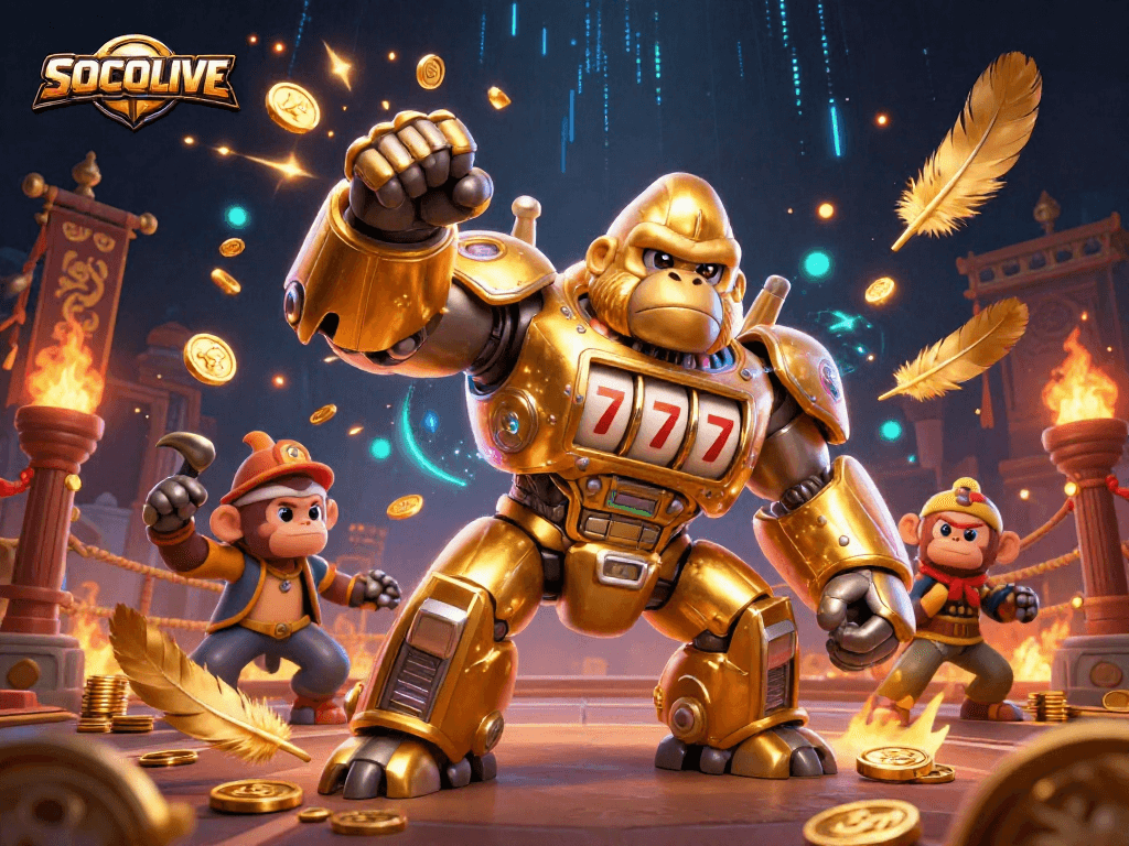SOCOLIVE offers stunning visuals with a powerful golden gorilla mech and dynamic casino elements.
