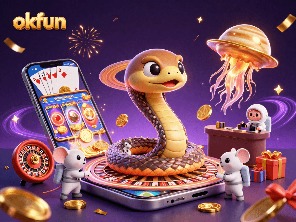 Experience thrilling gaming at okfun with a cosmic casino scene featuring vibrant characters and dynamic betting.