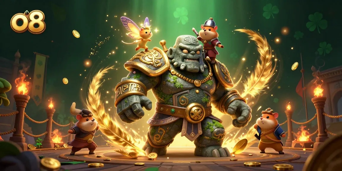 Experience thrilling action at o8 with a magical golem guardian and brave knight in an enchanting casino scene.