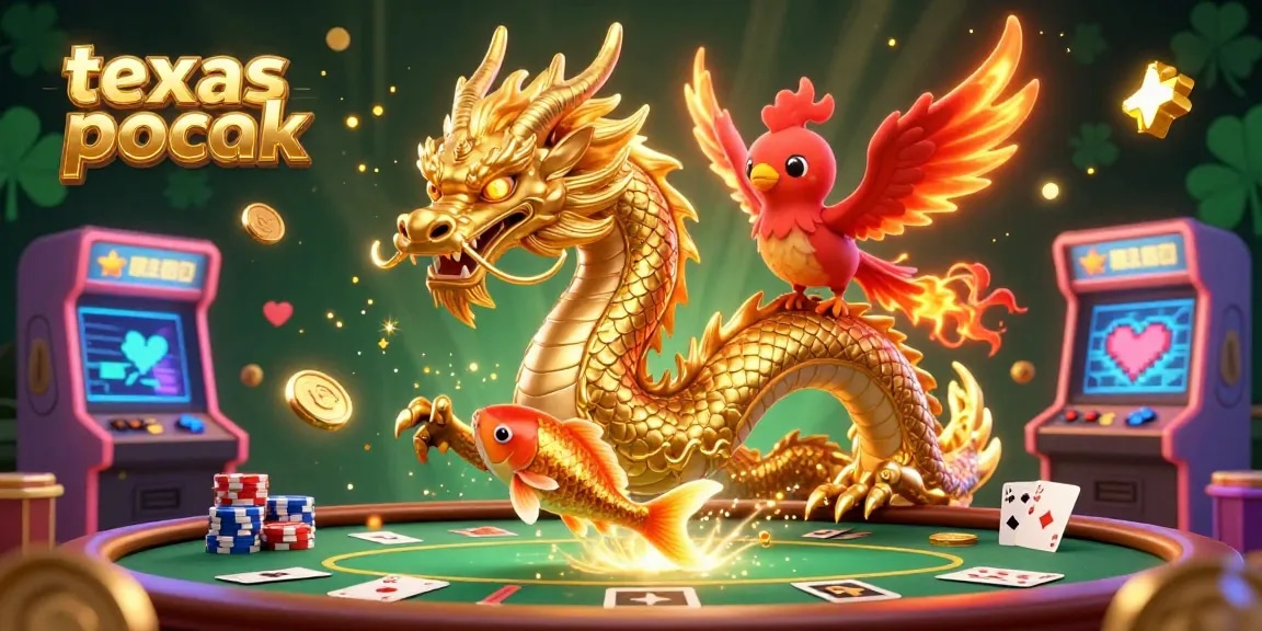 Experience Texas poker excitement with a fierce dragon, phoenix, and coins in action.