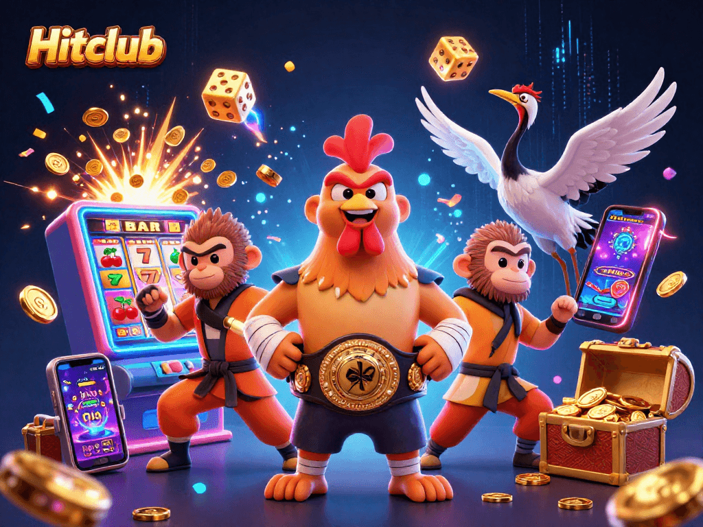 Experience the thrill at Hitclub with a dynamic 3D casino illustration featuring a roaring slot machine and engaging characters.