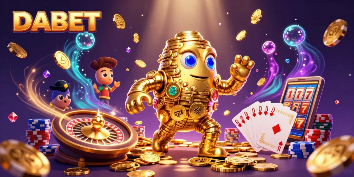 DABET brings winning excitement to life with a stunning 3D illustration of a golden golem amidst casino games.