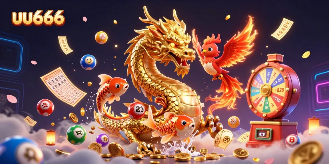 Engage with the thrilling world of uu666, where a golden dragon and phoenix soar amidst colorful lottery elements.
