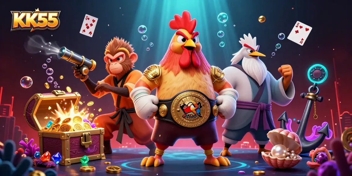 Engage with KK55's thrilling casino games featuring dynamic characters and vibrant 3D elements.
