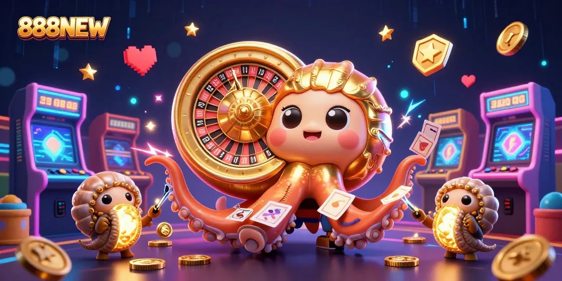 Engage in thrilling moments with 888NEW, featuring a giant nautilus roulette wheel amidst dynamic casino elements.