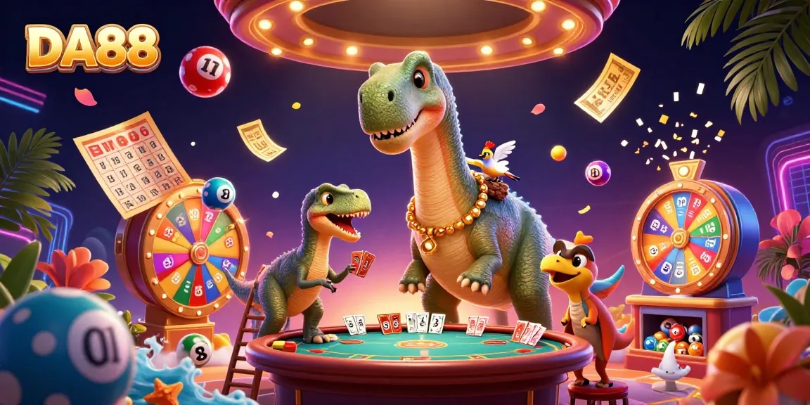 Engage with DA88 in a vibrant casino scene featuring fun characters and dynamic lottery elements.
