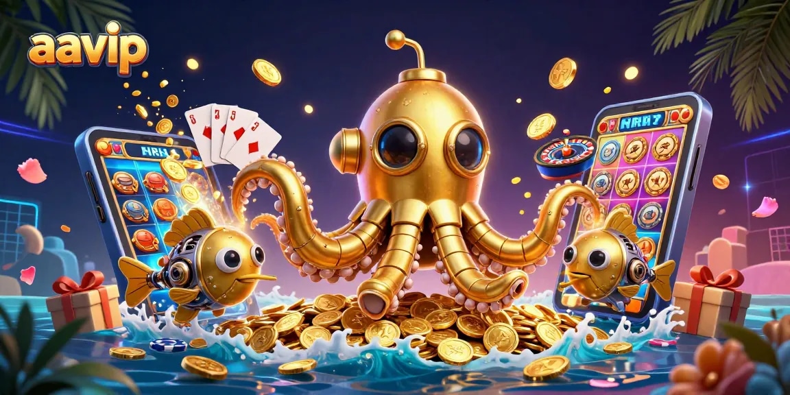 Aavip's thrilling gameplay emerges from a golden coin ocean in this vibrant casino illustration.