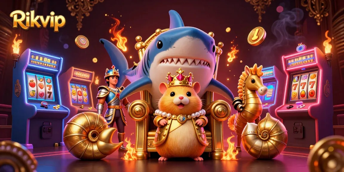 Explore the vibrant world of Rikvip with a fierce hamster king amidst dazzling casino games.