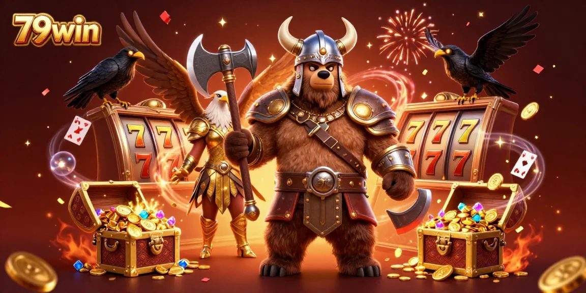 Experience the excitement of 79win with a lively casino scene featuring fierce characters and dynamic game elements.