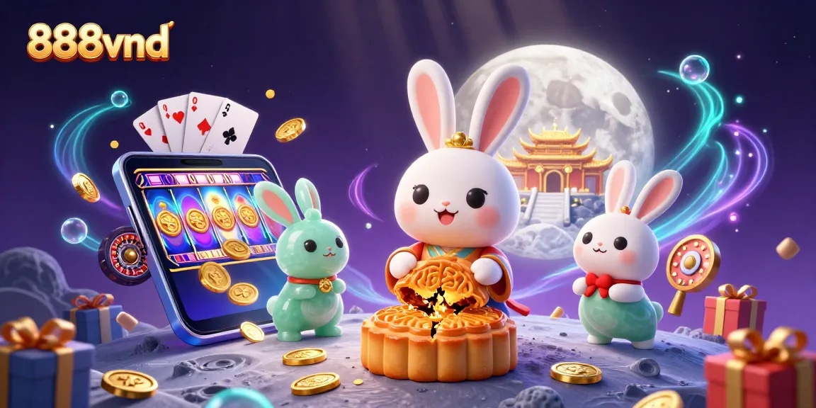 Experience the fun of gambling with 888vnd as cartoon moon rabbits reveal hidden poker chips.