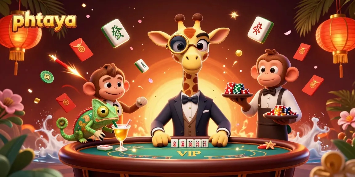 Phtaya casino features a high-roller giraffe and a chameleon bartender, showcasing vibrant gaming elements.