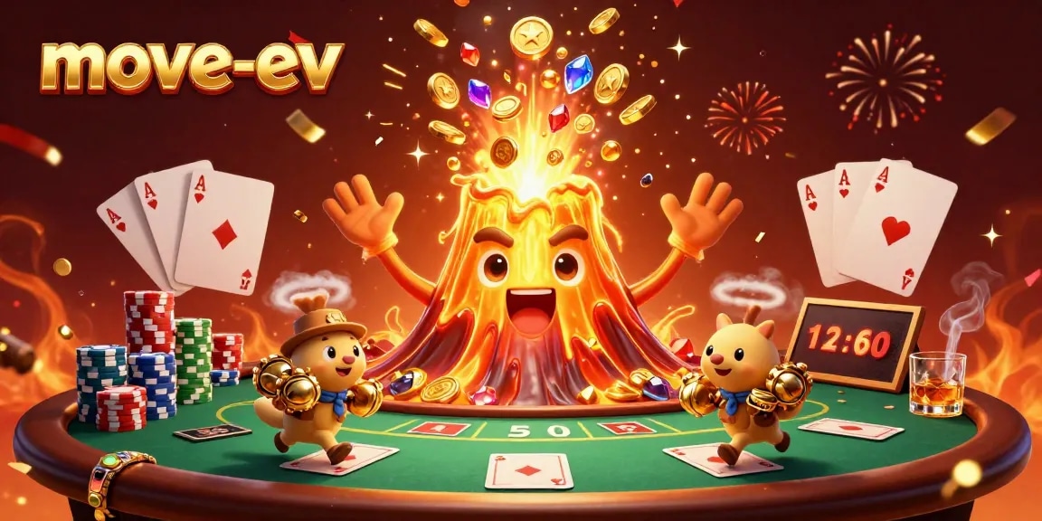 Experience gaming excitement with move-ev's golden volcano erupting coins, poker elements, and winning moments.