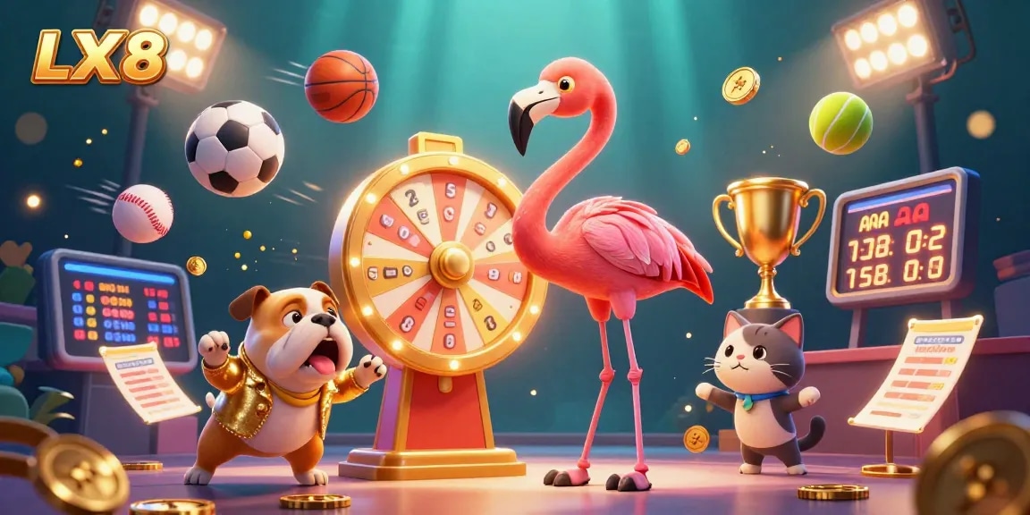Experience thrilling gaming excitement with LX88's vibrant casino scene featuring dynamic characters and sports elements.