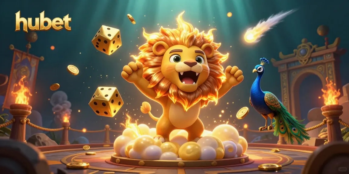 Experience thrilling gameplay on hubet with vivid casino elements, roaring lion, and exciting game tokens.