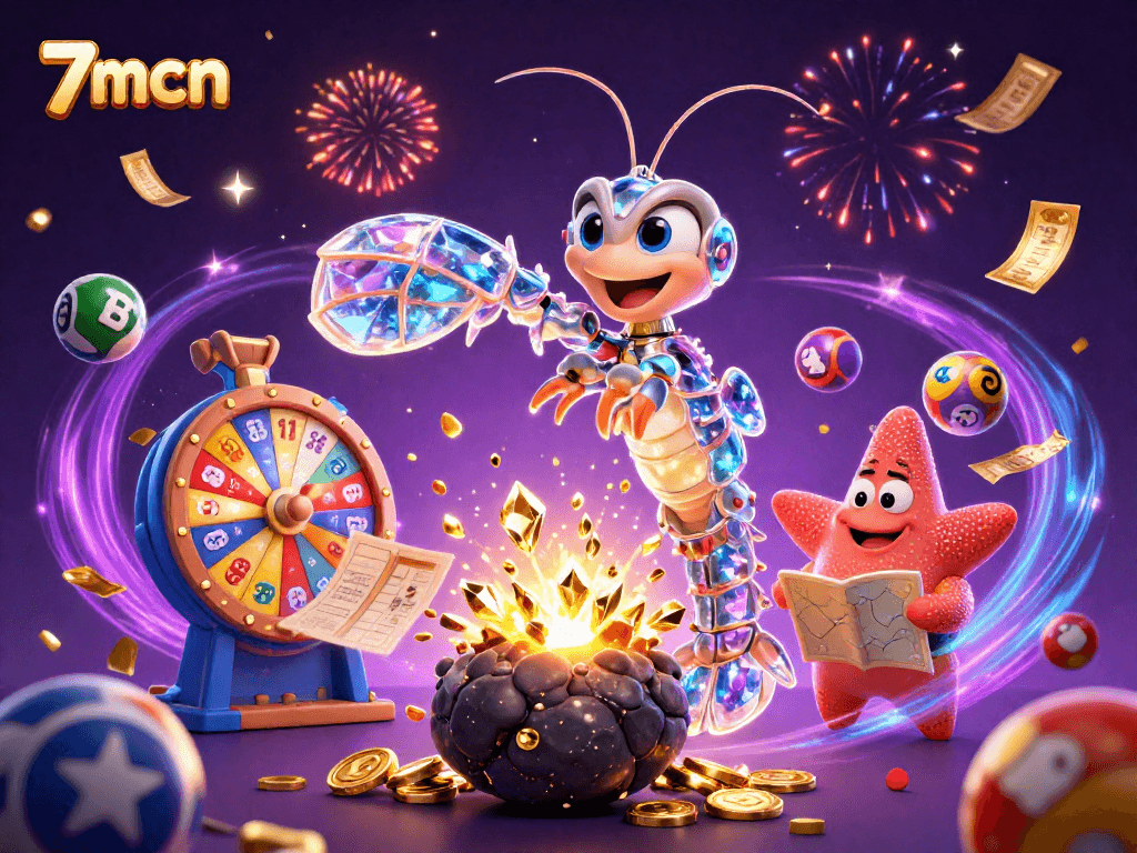 Experience mega wins with 7mcn in this vibrant illustration showcasing thrilling lottery excitement.