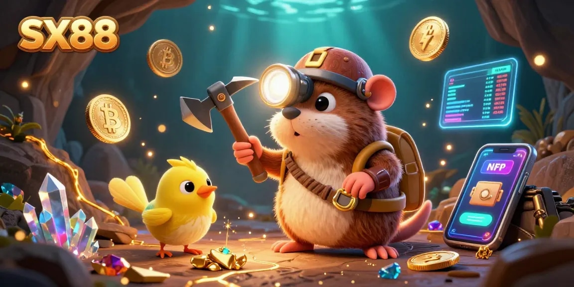 SX88 showcases a vibrant 3D illustration with mining characters and glowing cryptocurrencies, enhancing the casino adventure.