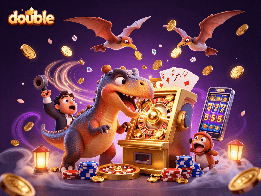 Experience double the excitement as a pachycephalosaurus triggers a jackpot in a lively casino scene.