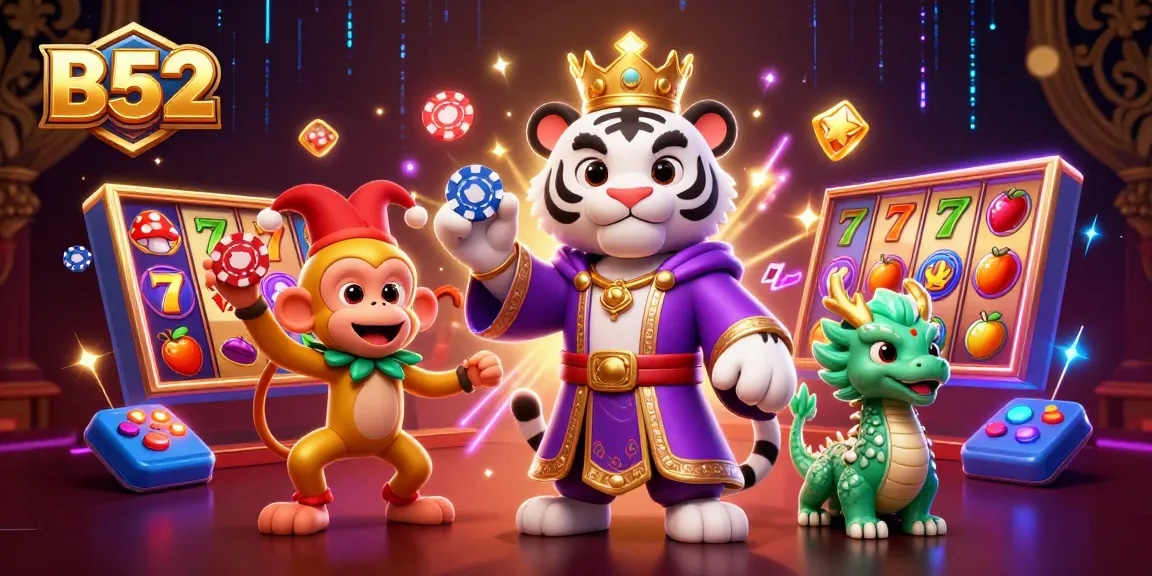 B52 casino showcasing a lively scene with characters and slot machine elements, inviting online gameplay.