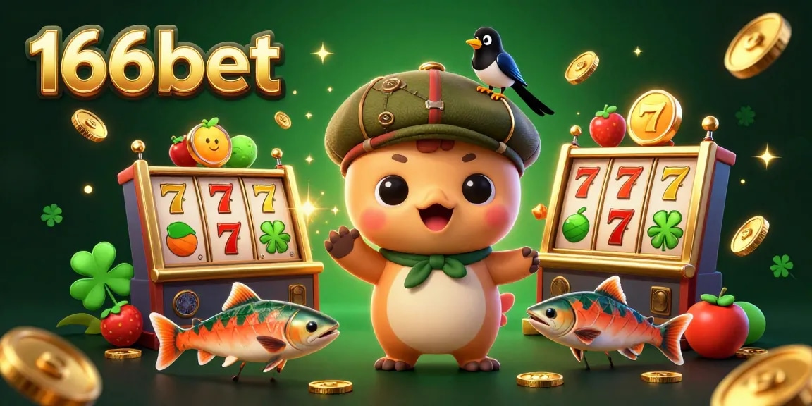Test your luck at 166bet with playful characters and vibrant slot machine elements.