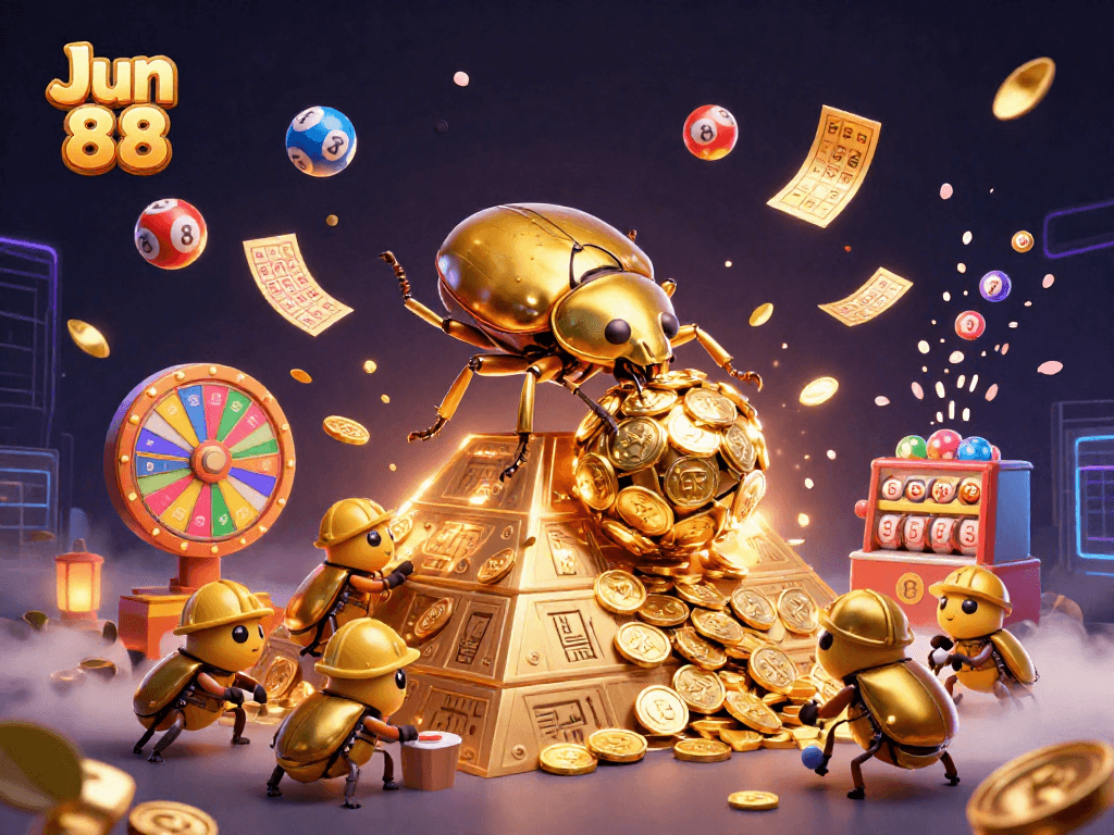 Engage in exciting gameplay at Jun 88 with golden coins and lottery elements in a vibrant casino scene.
