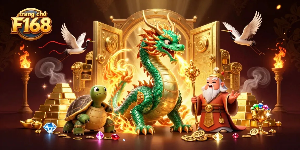 Experience the thrilling adventures at trang chủ F168 with the majestic dragon and turtle in a vibrant casino scene.