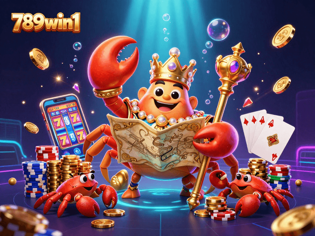 Engage with the exciting 789win1 casino scene featuring a golden crab emperor amidst sparkling gems and coins.
