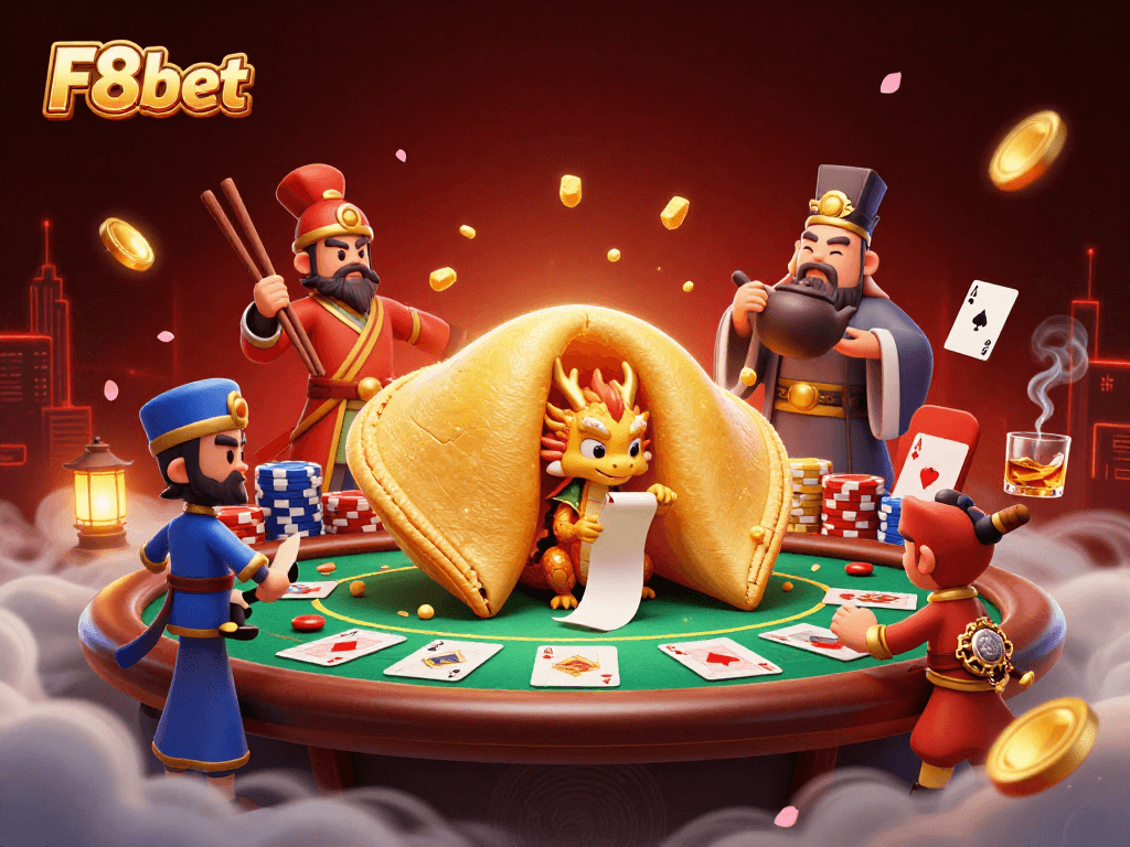 Play poker at F8bet with a giant fortune cookie and wise dragon in a vibrant casino scene.