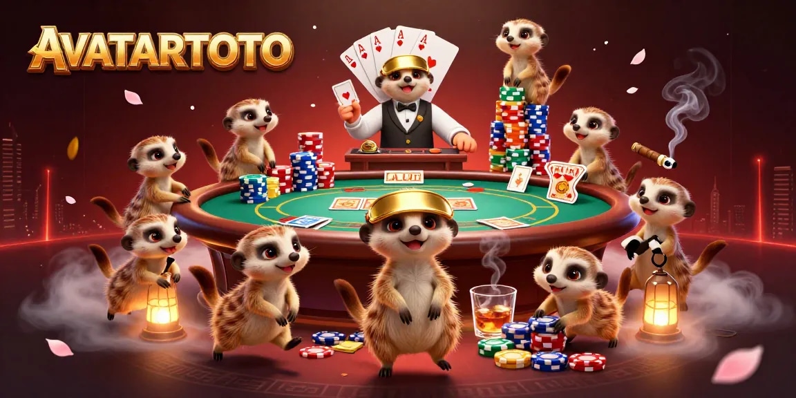 Engage with AVATARTOTO's unique casino experience featuring meerkats running a lively poker setup.