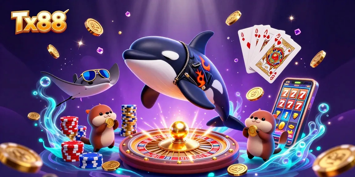 Experience the thrill of Tx88 casino with vibrant characters and dynamic winning elements!
