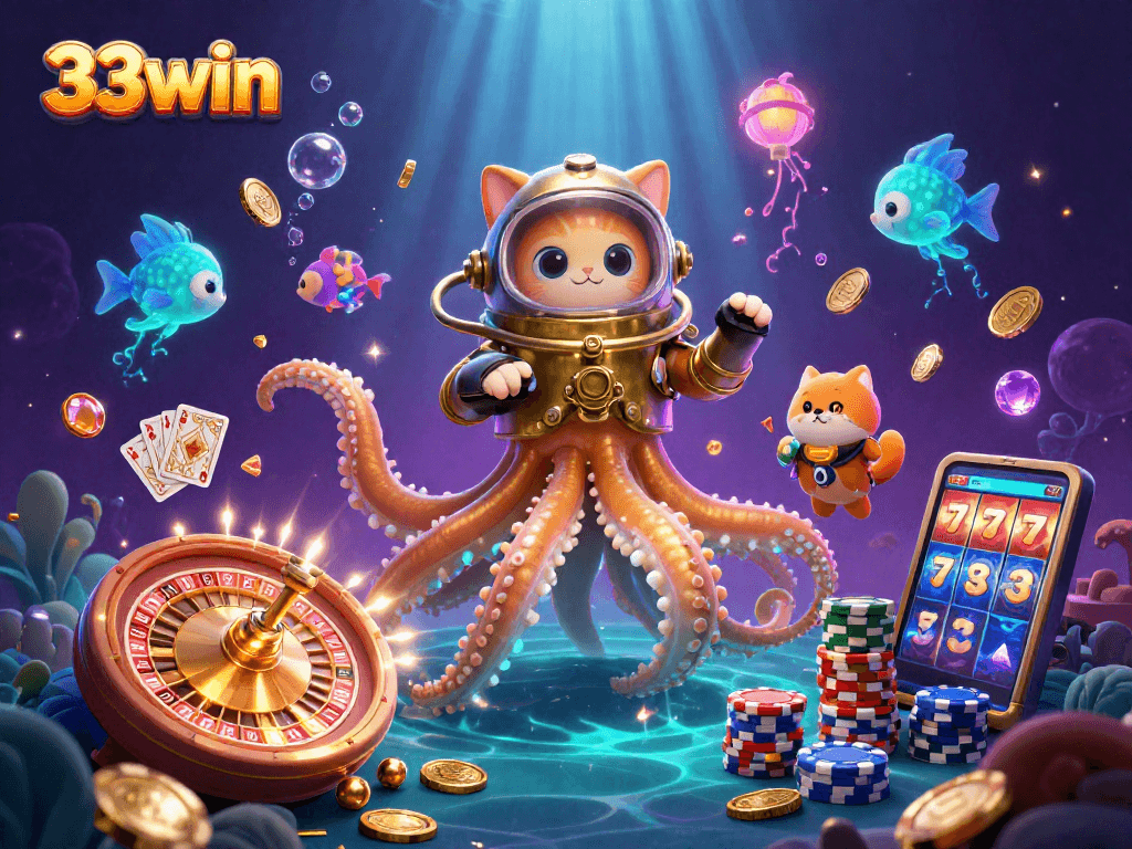 Engage in thrilling gameplay with 33win, featuring a kraken and treasure in a vibrant casino scene.